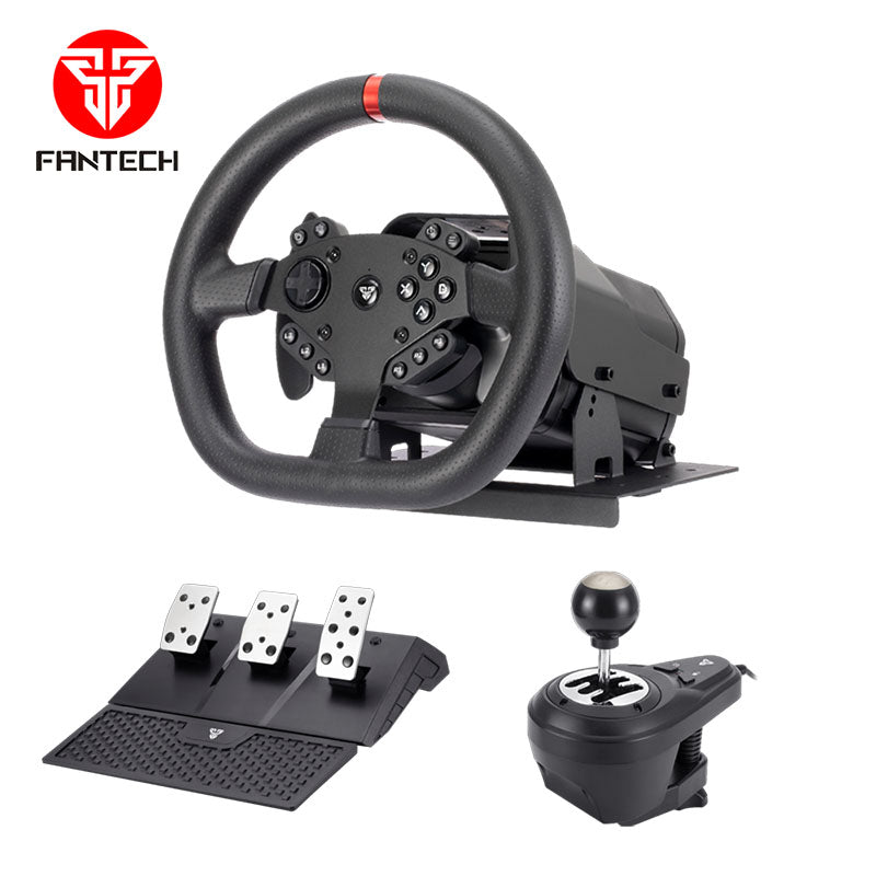 Fantech RS1 force feedback racing wheel with pedals and shifter. Fantech RS1 force feedback racing wheel with pedals and shifter.